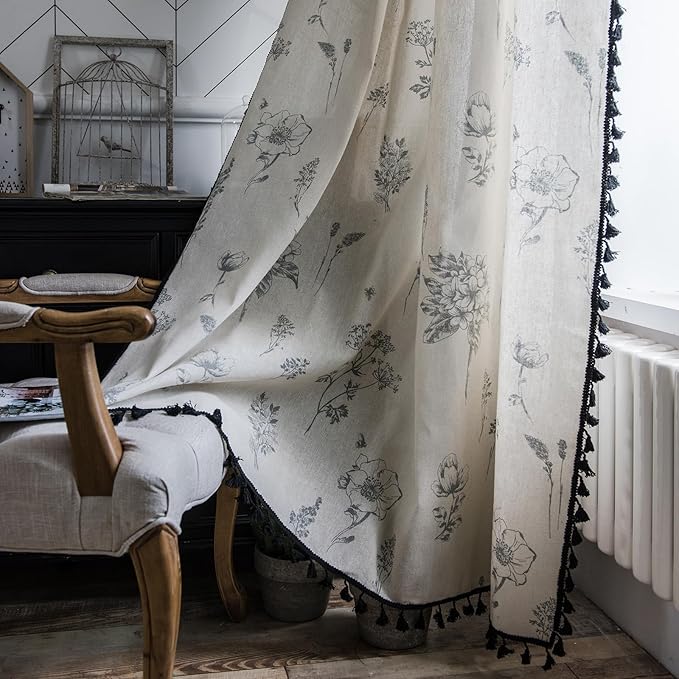 Boho Curtains 96 Inch Length 2 Panels Farmhouse Living Room Semi Sheer Drapes Vintage Floral Tassel Window Curtain Panel Bedroom Grey and Off White Cotton Linen Blend Rod Pocket Window Treatment