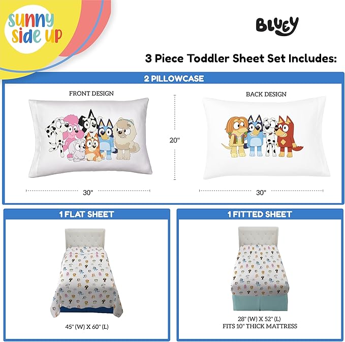 Bluey & Friends Toddler Sheet Set - 3 Piece Toddler Bedding Set Includes Pillow Cover - Super Soft Microfiber Sheets
