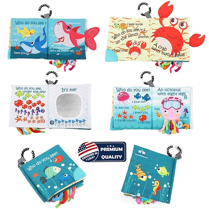 Fish Baby Books Toys, Touch Feel Cloth Crinkle Books for Babies,Baby Infant Toys 0-6, 6-12,12-18 Months,Early Learning Education, Christmas Shower Baby Gifts for Boys Girls,Teething,Mirror,Shark Ocean
