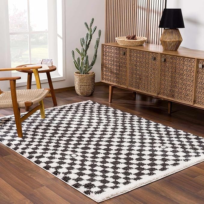 Hauteloom Kieu Contemporary Checkered Fluffy Shag Area Rug - Modern Geometric Soft Carpet Tiles for Living Room, Kids Room, Nursery - Black, White - 7'10" x 10'