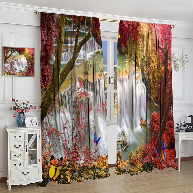 Landscape Blackout Curtains, Nature Forest Waterfall Butterfly Scenery Pattern Rod Pocket Window Drapes, for Bedroom Living Room 72" W X 63" L