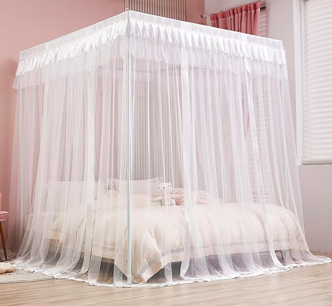 Mengersi Princess 4 Corners Post Bed Curtain Canopy Mosquito Netting (White, Twin)