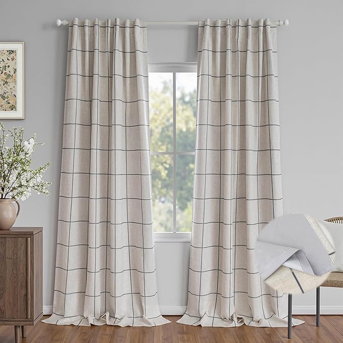 MYSKY HOME 100% Blackout Plaid Farmhouse Linen Curtains 102 Inch Length 2 Panels Set Double Layer Checkered Drapes Thermal Insulated Privacy Protection Rod Pocket Back Tab for Home, 52" W, Deep Grey