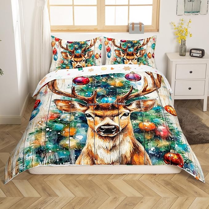 Cabin Deer Duvet Cover Set King Size,Tie-dye Christmas Tree Wooden Plank Rustic Bedding Set,Boys Girls Room Decor,Wild Animal Farmhouse Comforter Cover,Brown Quilt Cover,2 Pillowcases,No Comforter