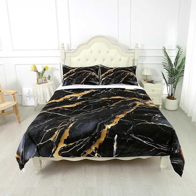 Black and Gold Comforter King: Abstract Black Marble Bedding Sets for Teens Adults Bedroom Home Decor Modern Luxury Gold Glitter Quilt Bed Set 3 Piece