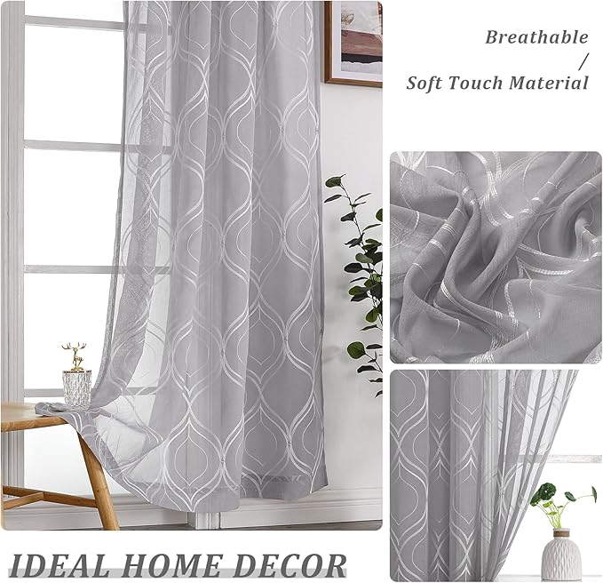 VISIONTEX Sheer Curtains 84 Inches Long 2 Panels Set Light Grey Moroccan Embroidered Curtains Trellis French Textured Rod Pocket Voile Tulle Semi Window Drapes for Bedroom Living Room 54 x 84 Inches
