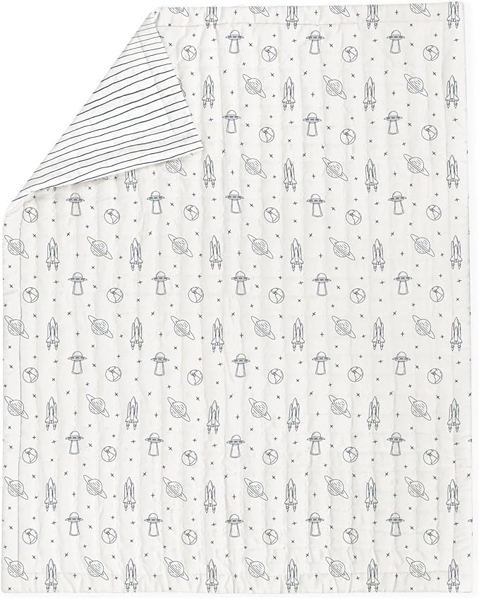 MakeMake Organics Organic Twin Comforter GOTS Certified Organic Kids Blanket Cotton Infill Tufted - Reversible Ultra Soft Breathable Boys Girls (68"x88", Astronaut + Blue Pebble)