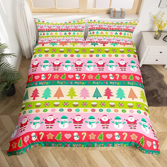 Cartoon Christmas Bedding Set for Kids Boys Girls Santa Claus Snowman Comforter Cover Set Pink Xmas Theme Duvet Cover Bedroom Decor Christmas Tree Bedspread Cover King Size Bedding Collection 3Pcs