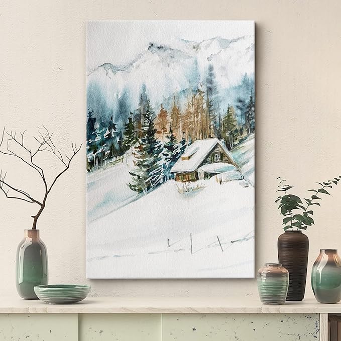 SIGNWIN Canvas Print Wall Art Woodland Nursery Decor Log Cabin Winter Snow Mountain Forest Nature Illustrations Modern Art Decorative Landscape Colorful for Living Room, Bedroom, Office - 16"x24"
