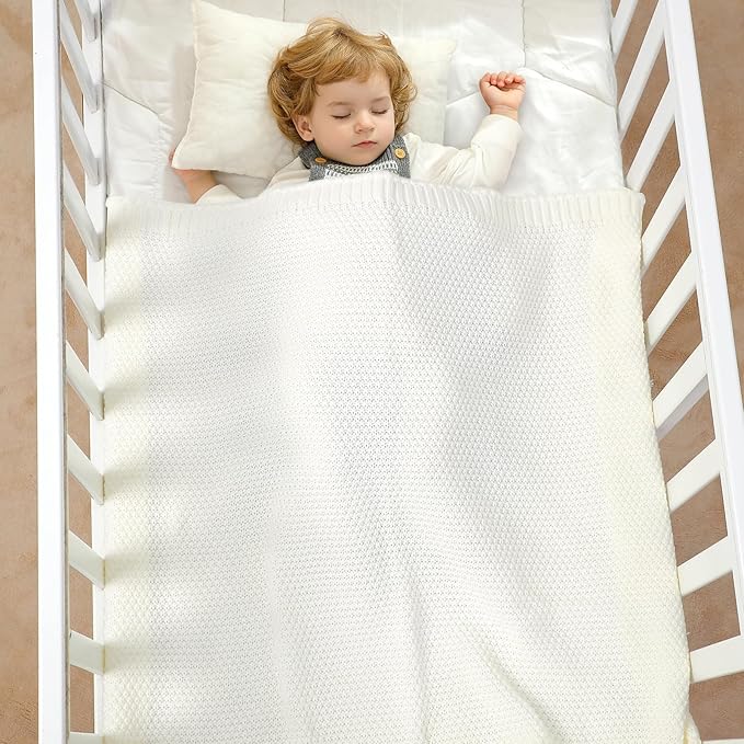 Neiwech Baby Blanket Knit Cozy Soft Lightweight Crib Stroller Nursery Receiving Swaddling Blankets for Newborn Infants Boys Girls White 30x40 Inch