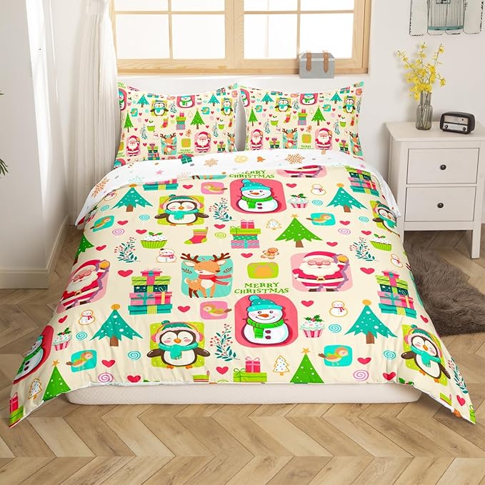 Christmas Comforter Cover Cartoon Santa Claus Snowman Flower Bedding Set Cute Penguin Deer Duvet Cover for Children Boys Girls Microfiber Gift Boxes Bedspread Cover Room Decor Bedclothes King Size