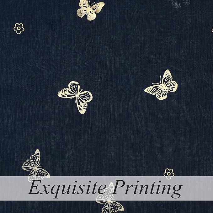 Jubilantex Butterfly Sheer Curtains Navy Blue Drapery with Gold Print Pattern 63 Inch Long, Kids Nursery Bedroom Voile Linen Textured Curtain Rod Pocket Window Drapes, 2 Panels