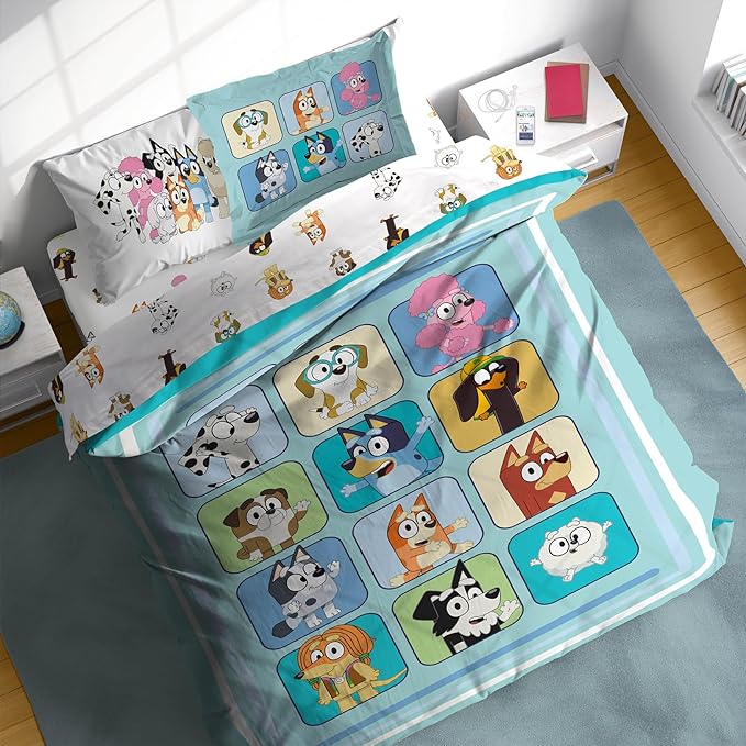 Sunny Side Up Bluey & Friends Full Comforter Set - 7 Piece Kids Bedding Includes Comforter, Sheets & Pillow Cover - Super Soft Microfiber Bed Set