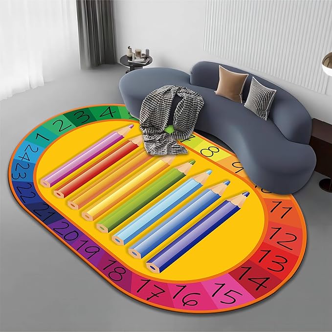 Colorful Kids Oval Rug, 5x6ft, Early Learning Education Play Mat for Learning Numbers, Soft Non-Slip Pens Design Rugs for Boys Girls Room Playroom Classroom Nursery Room