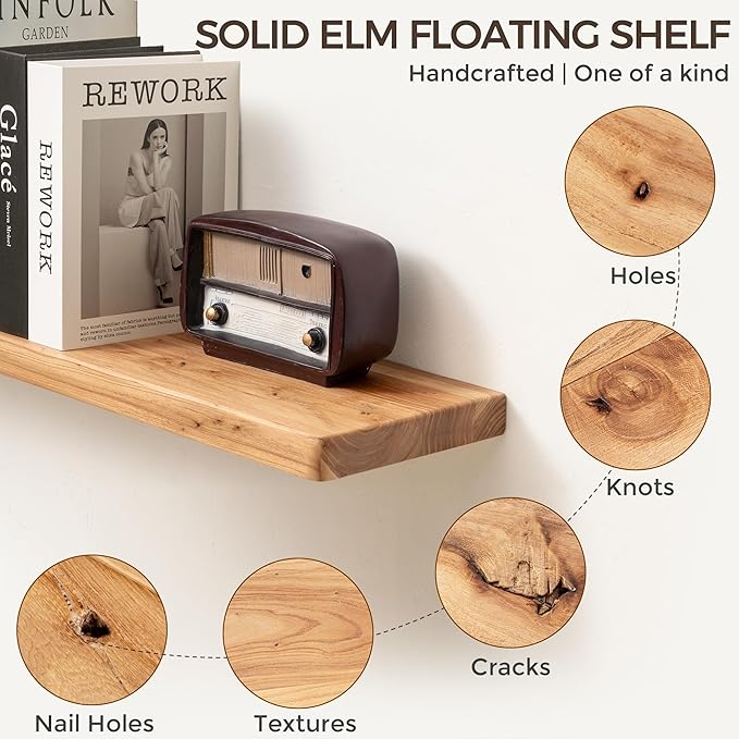 Fun Memories 48 Inch Floating Shelves for Wall, Solid Elm Wood Wall Shelf for Home Decor, Heavy-Duty Hardwood Floating Shelf for Bedroom, Bathroom, Living Room, Set of 1