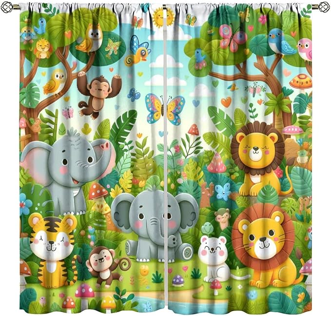 Cartoon Animals Curtain Jungle Forest Elephant Lion Butterfly Floral Print Curtains for Kids Boys Girls Nursery Baby Bedroom Playroom Home Decor Window Drapes 84" W X 84" L