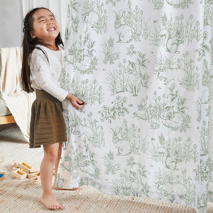 jinchan Linen Nursery Curtains 90 inch Long Woodland Wildlife Sage Green Print Drapes for Kid's Room Light Filtering French Country Farmhouse Curtains with Bunny and Forest Design Set of 2 Panels