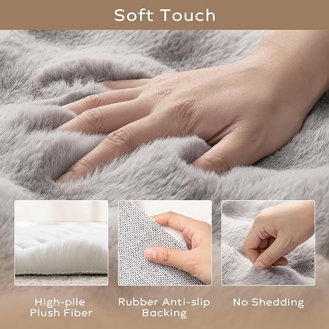 Ashler Faux Rabbit Fur Rug, Light Grey 5x7 FT Fluffy Soft Area Rug, Rectangle Fuzzy Carpet for Living Room, Bedroom, Machine Washable Shaggy Nursery Rug - 3D Bubble Rug