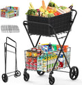 JIALIJIU 2-Tier Shopping Cart for Groceries, Folding Grocery Cart with 360° Rolling Wheels, Heavy Duty Utility Carts with 2 Waterproof Liners, Multi-Functional Trolley for Laundry, Household, Black