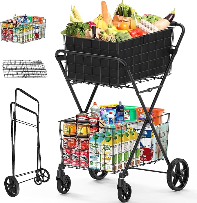 JIALIJIU 2-Tier Shopping Cart for Groceries, Folding Grocery Cart with 360° Rolling Wheels, Heavy Duty Utility Carts with 2 Waterproof Liners, Multi-Functional Trolley for Laundry, Household, Black