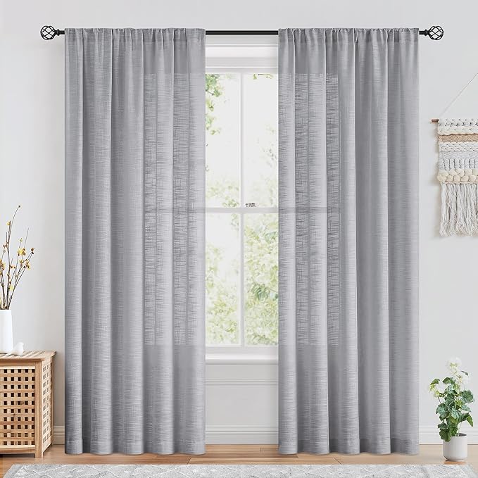 FMFUNCTEX Linen Semi Sheer Grey Curtains for Bedroom Living Room, Gray Curtains 96 Inches Long Sheer Linen Textured Window Drapes Farmhouse Light Filtering 2 Panels Rod Pocket