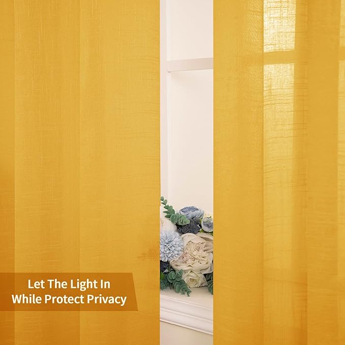 MIULEE 2 Panel 84 Inch Farmhouse Linen Sheer Window Curtains - Elegant Mustard Yellow Fall Drapes with Grommet Top - Voile Panels, Linen Textured for Bedroom, Living Room (52 X 84 Inch)