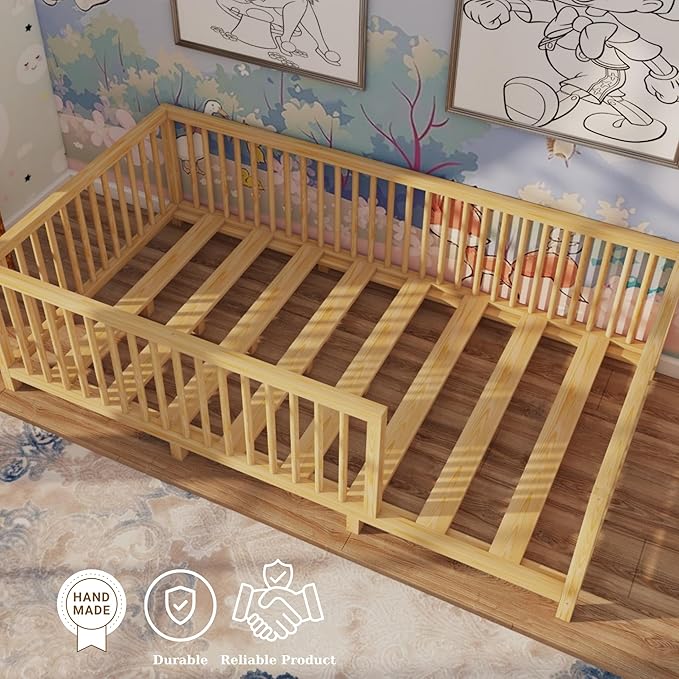 Montessori Floor Bed with Slats for Toddler 39.4'' x 75.2'' Twin | Pine Wood Natural Solid Frame Bed | Sturdy Design Floor Bed Frame for Boy and Girls (Twin, Height : 23.6 Inches)