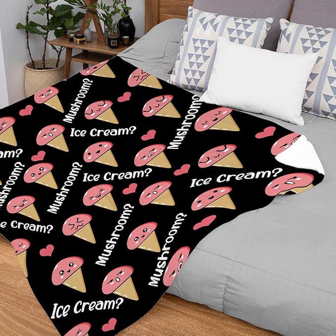 Thuswarm Mushroom Or Ice Cream Flannel Throw Blanket Warm Cozy Soft Funny Print Blankets for Bed Couch Sofa Room Decoration Gifts 120"×90" Extra Large for Family