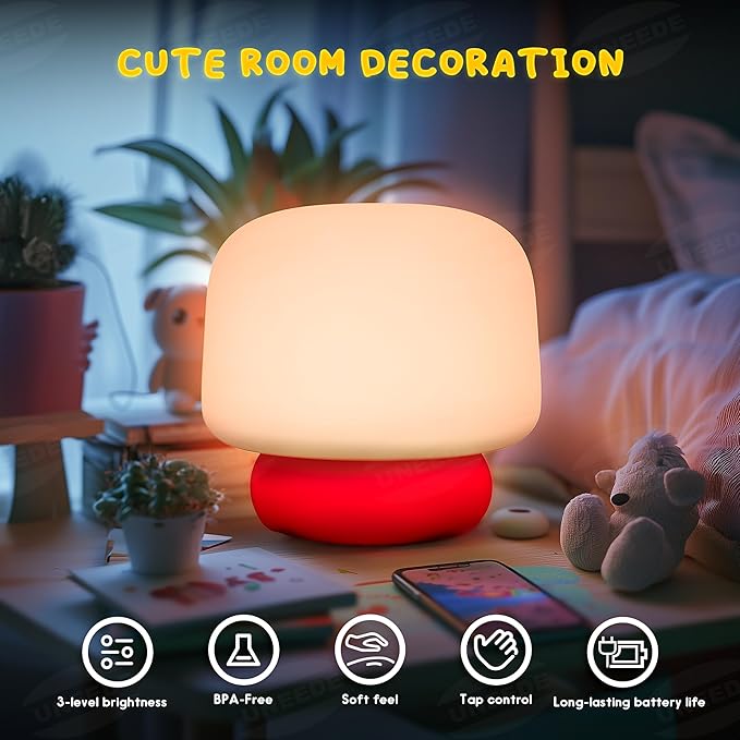 UNEEDE Mushroom Lamp for Kids, 13 Sound Effects Toddler Night Light, Squishy Nursery Mushroom Decor with Timer, Christmas Birthday Gift