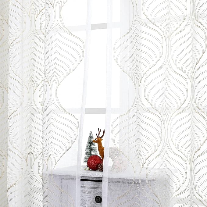 VISIONTEX Sheer Curtains 72 Inches Long 2 Panels Set Beige Moroccan Embroidery Texture Geometric Rod Pocket Ivory White Voile Tulle Semi Window Treatment Pair for Bedroom Living Room 54 x 72 Inches