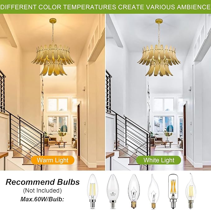 TOCHIC Modern Farmhouse Gold Chandelier, 6-Light Leaf Chandeliers for Dining Room, 24" 2-Tier Ceiling Light Fixture for Living Room, Bedroom, Entryway, Kitchen Island