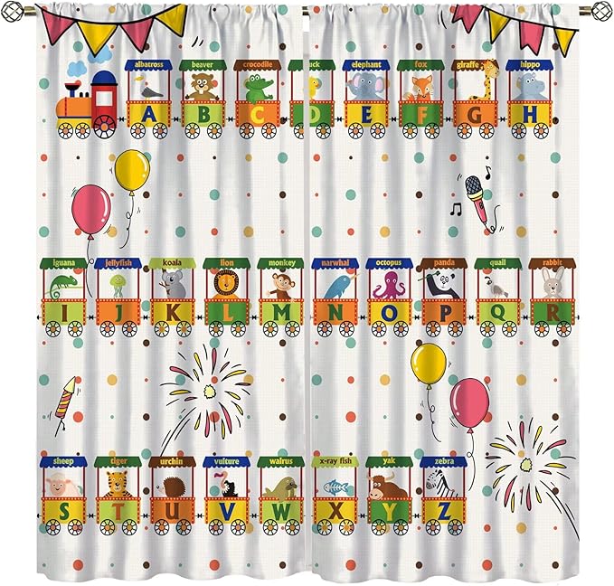 Alphabet Train Kids Curtain Animals Alphabet Children Teens Early Learning Printed Rod Pocket Blackout Window Treatments for Classroom Bedroom Nursery Playroom 63" W X 63" L