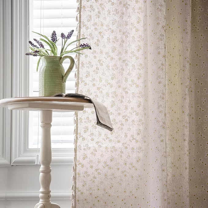 ENJOYBRIDAL Floral Curtains 63 Inch Length 2 Panels Short Drapes Tassel Rod Pocket Semi-Sheer Boho Daisy Bedroom Living Room Farmhouse Rustic Bohemian Window Curtain Panels