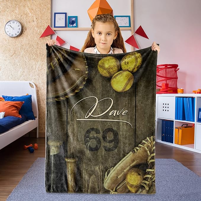 Personalized Baby Softball Bed Blanket: Custom Name and Number Sport Blankets for Toddler Boys Girls Adults Mothers Fathers Birthday Christmas Easter Gift(30X40inch)