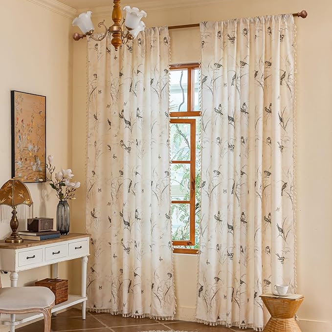 ENJOYBRIDAL Bird Patterned Curtains 96 Inches Long Semi Sheer Living Room Drapes Floral Bedroom Printed Farmhouse Window Curtain Panels Boho 2 Panels Botanical Rod Pocket Window Treatments