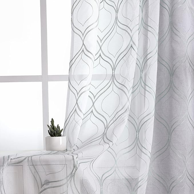 VISIONTEX White Sheer Curtains 63 Inch Length 2 Panels Set Green Moroccan Embroidered Curtains Trellis French Textured Rod Pocket Voile Tulle Semi Window Drapes for Bedroom Living Room 54 x 63 Inches