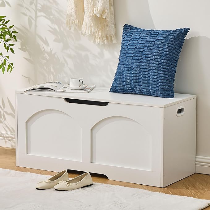 39.4" Storage Chest, Wooden Storage Bench Trunk, Upgraded Safety Lift Support Hinge, Large Entryway Bench Box, Supports 330 lb U-Shaped Opening for Entryway, Hallway, Living Room, Ivory White