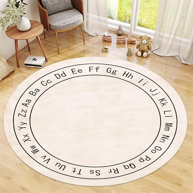 Children's Room Round Rug,5ft,Children's ABC Letter Educational Learning Round Rug, Non-Slip Washable Children's Room Play Rug, Suitable for Bedroom, Playroom, Boys and Girls Room Decoration