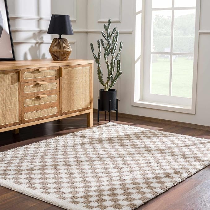 Hauteloom Kieu Contemporary Checkered Fluffy Shag Area Rug - Modern Geometric Soft Carpet Tiles for Living Room, Kids Room, Nursery - Gray, Taupe, White - 8'10" x 12'