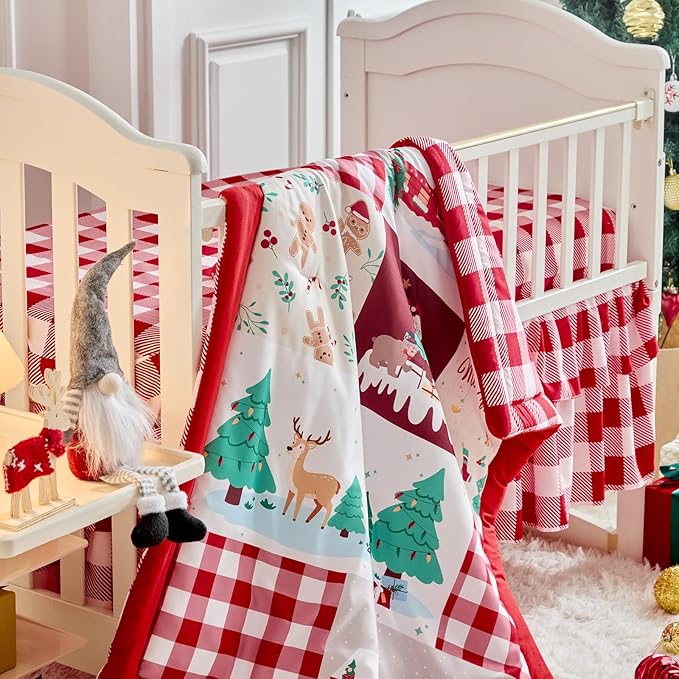 Christmas Crib Bedding Set 3 Pcs with Santa Snowman Red White Design, Quilted Comforter Fitted Sheet & Bed Skirt, Holiday Baby Crib Set