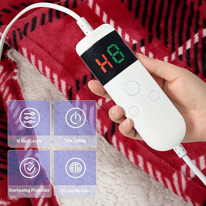Electric Blanket Heated Twin, Soft Flannel 62"x84" Plaid Heating Blanket with 8 Hours Auto Off 10 Fast Heating Levels Machine Washable Sherpa Heated Blanket with Overheating Protection
