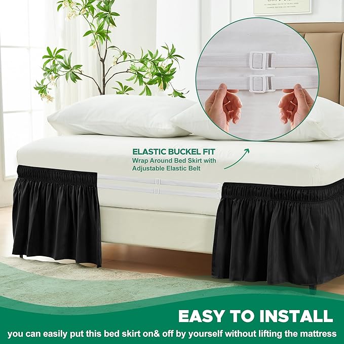 Biscaynebay Wrap Around Bed Skirts for Queen Beds 15" Drop, Black Adjustable Elastic Dust Ruffles Easy Fit Wrinkle & Fade Resistant Silky Luxurious Fabric Machine Washable