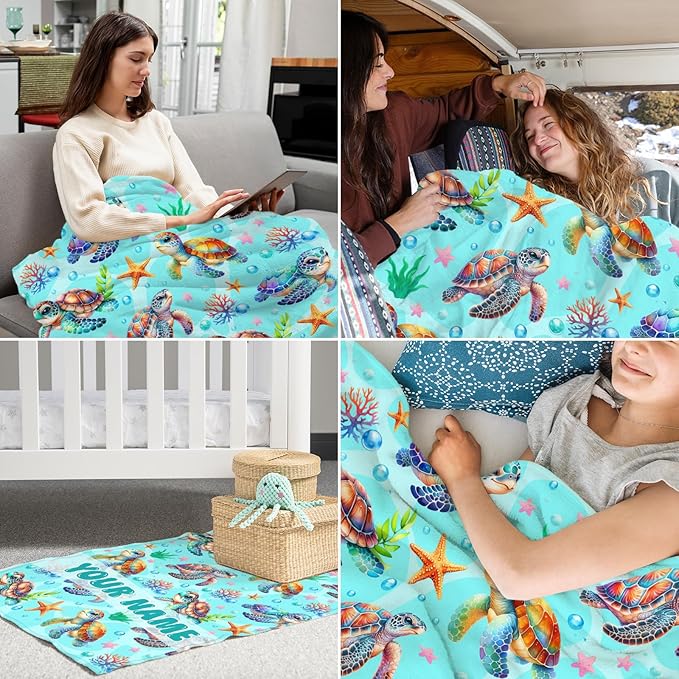 Personalized Turtle Gifts for Girls - 40" x 50" Inches Cute Turtle Throw Blanket for Boys Kids - Green Soft Fuzzy Blankets for Sofa, Crib & Bed