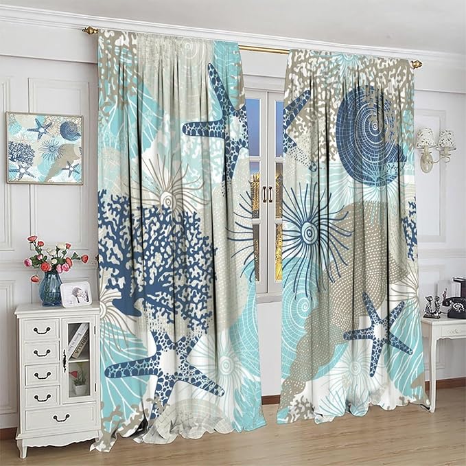 Shell Blackout Curtains Beach Shells Marine Life Water Grass Pattern Printed Curtains Suitable for Living Room Bedroom Privacy Curtains 63x72 Inches