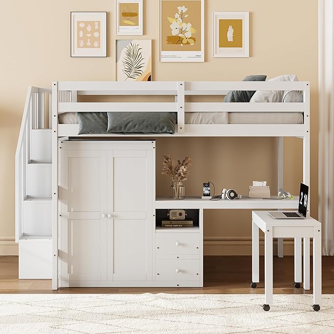 Merax Kids Full Multifunction Loft Bed with Desk/Wardrobe, Wood Storage Loft Bed with Staircase, Bookshelf & Drawers, No Box Spring Needed, Space Saving, White