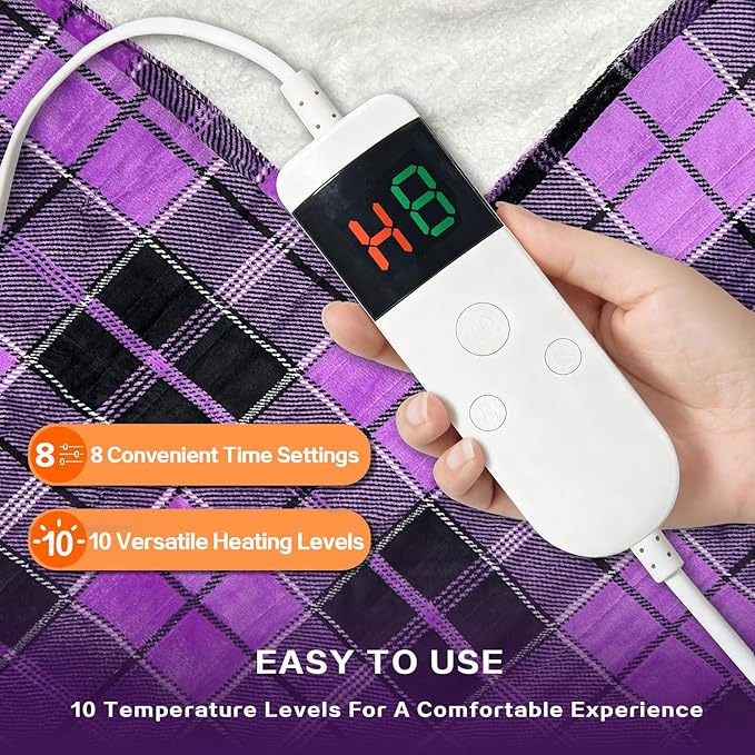 Electric Blanket Heated Throw, Soft Flannel 50"x60" Plaid Heating Blanket with 8 Hours Auto Off 10 Fast Heating Levels Machine Washable Sherpa Heated Blanket with Overheating Protection