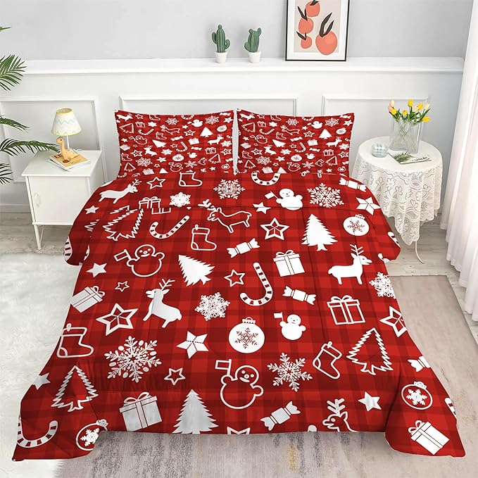 Plaid Christmas Comforter King: Xmas Red Snowman Bedding Sets Snowflakes Christmas Tree Candy Reindeer Bed Set 3 Piece for Women Adults Teens Bedroom Festival Decor