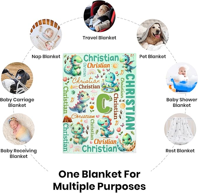 Personalized Custom Green Dinosaur Preschool Blanket Gifts for Baby Toddler Kids Boys Girls - Customized Green Dinosaur Super Soft Flannel Sheets Decor for Crib Nap Couch - 30"x40" for Baby/Pets