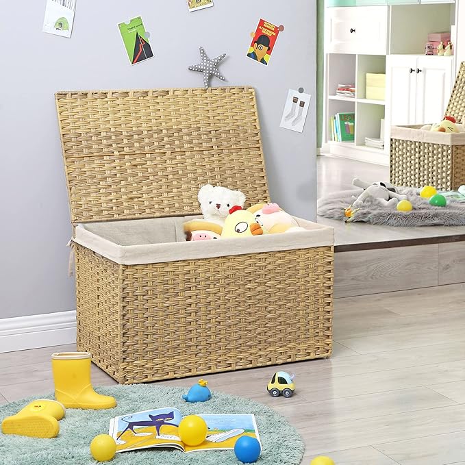 SONGMICS Storage Basket with Lid, 42.3 Gallon (160L) Storage Bin, Woven Blanket Storage Basket with Handles, Foldable, Removable Liner, Metal Frame, for Bedroom, Laundry Room, Natural URST76NL