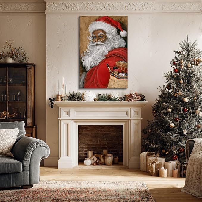 YONICA Christmas Canvas Wall Art Vintage Santa 24x32 Inch Retro Gift Bag with Toys - Large Framed Gallery Wrapped Traditional Decor